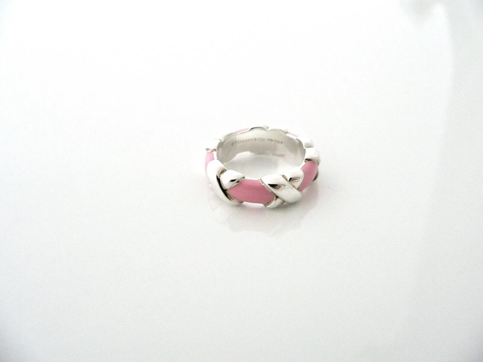 Tiffany & Co Silver Pink Enamel Signature X Wide Stacking Ring Band Sz 5 Gift