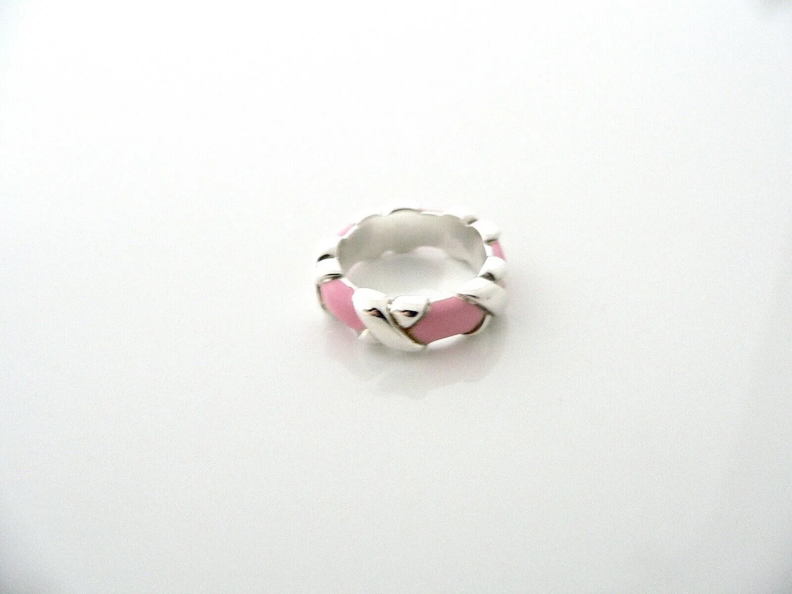 Tiffany & Co Silver Pink Enamel Signature X Wide Stacking Ring Band Sz 5 Gift