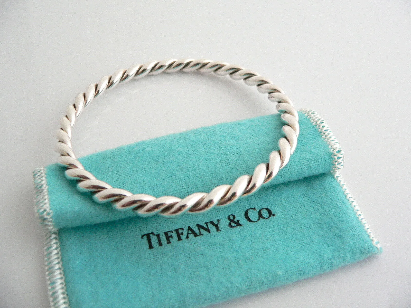 Tiffany & Co Silver Twist Twirl Bangle Bracelet Stackable Gift Pouch Love T Co