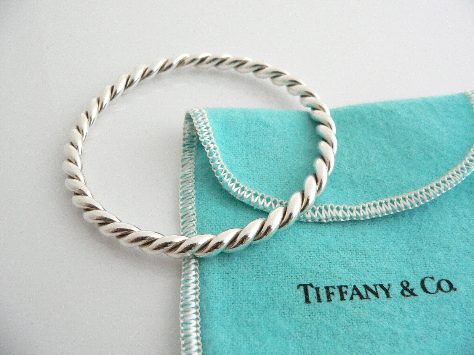 Tiffany & Co Silver Twist Twirl Bangle Bracelet Stackable Gift Pouch Love T Co
