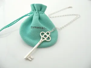 Tiffany Co Silver Crown Key Necklace Pendant 24 inch Oval Link Chain Gift Pouch