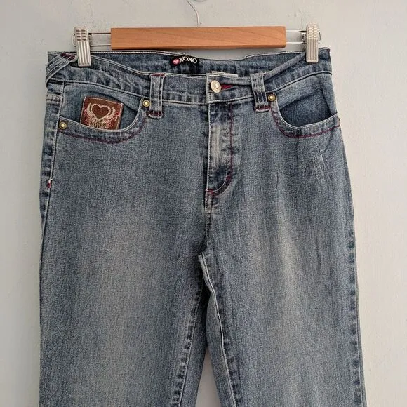 Vintage Y2K XOXO Low Rise Denim Full Leather Embroidered Straight Leg Size 16
