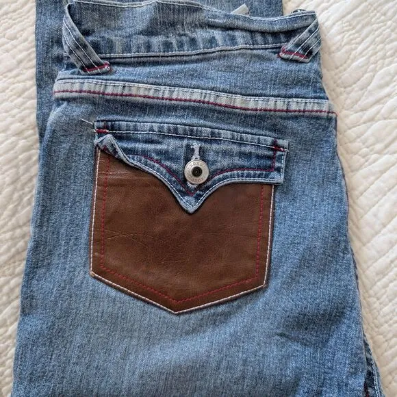 Vintage Y2K XOXO Low Rise Denim Full Leather Embroidered Straight Leg Size 16
