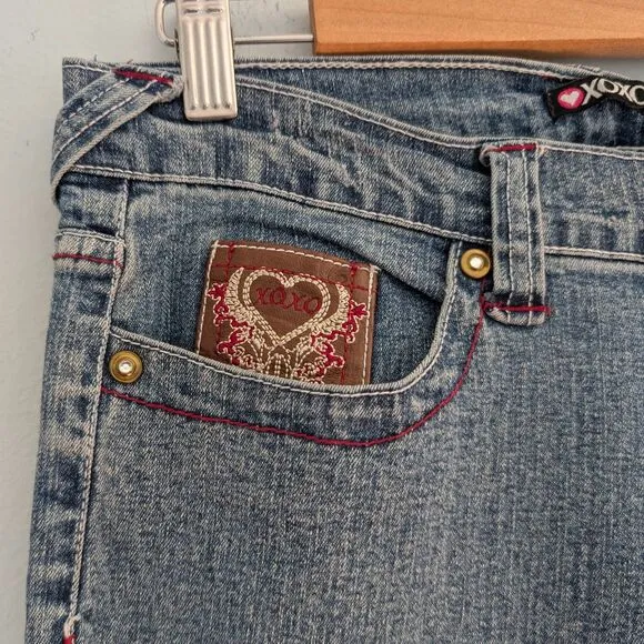 Vintage Y2K XOXO Low Rise Denim Full Leather Embroidered Straight Leg Size 16
