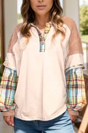 Waffle-Knit Detail Plaid Round Neck Top – Cozy & Stylish