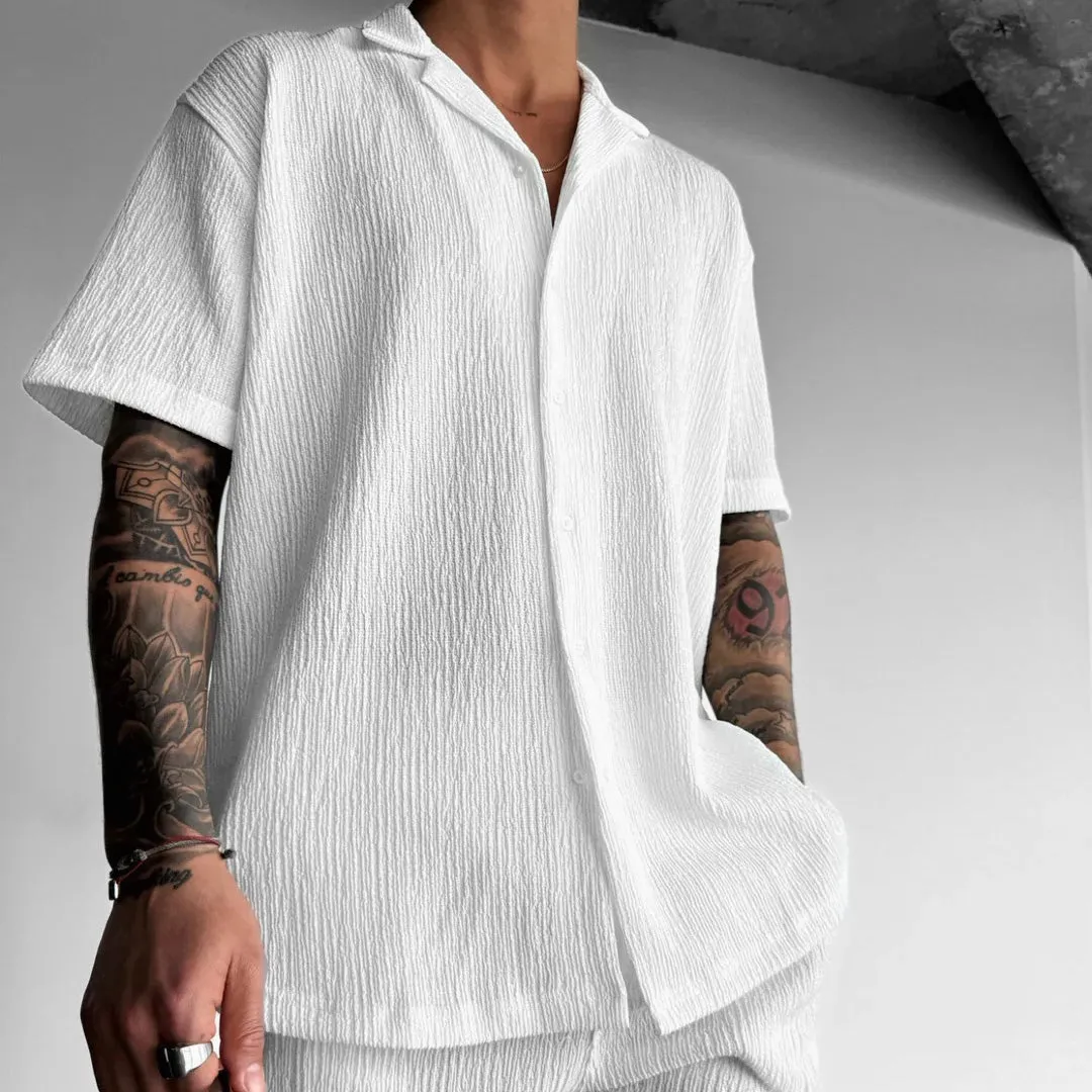 WHITE COTTON CRUSH RELAXED FIT SHORT SLEEVE SHIRT