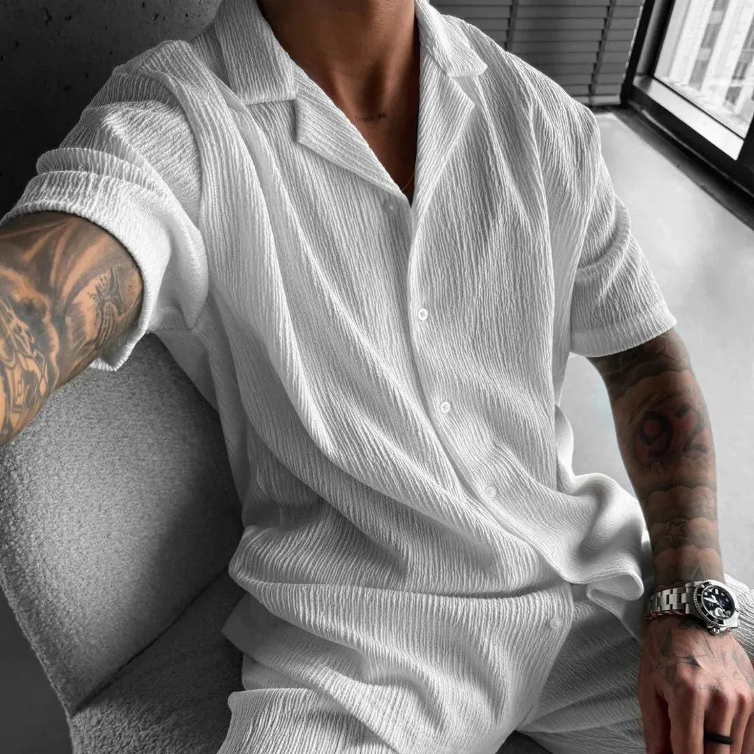 WHITE COTTON CRUSH RELAXED FIT SHORT SLEEVE SHIRT