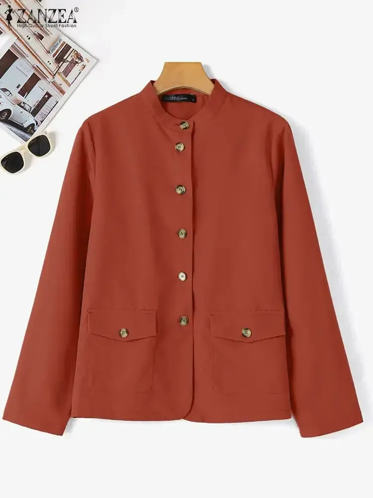 Women Spring Jackets Autumn Fashion Stand Collor Long Sleeve Thin Coats Casual Solid Work Outwear Loose Shirt Chaqueta