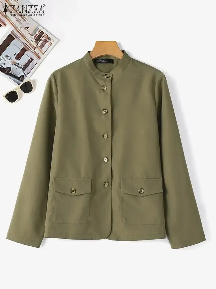 Women Spring Jackets Autumn Fashion Stand Collor Long Sleeve Thin Coats Casual Solid Work Outwear Loose Shirt Chaqueta