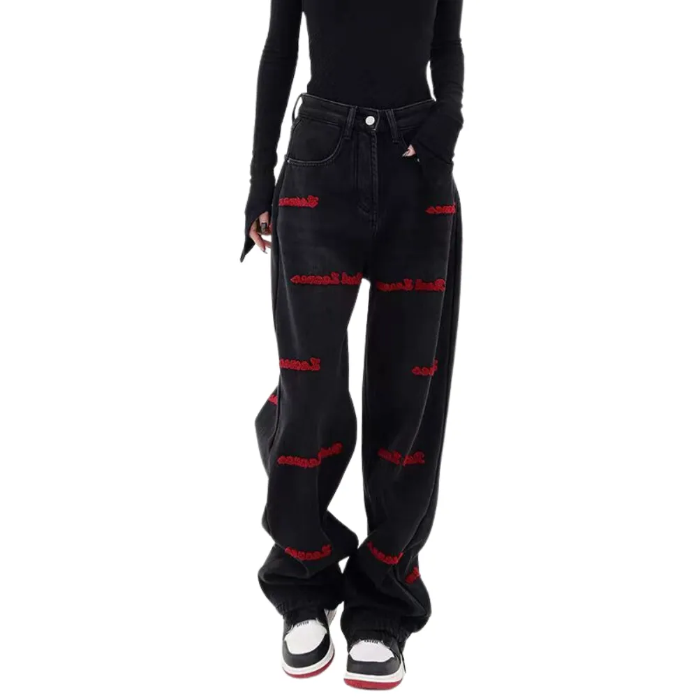 Women's Black Flocked Jeans