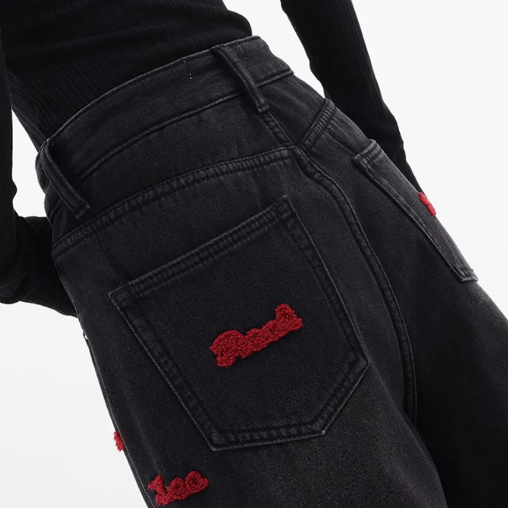Women's Black Flocked Jeans