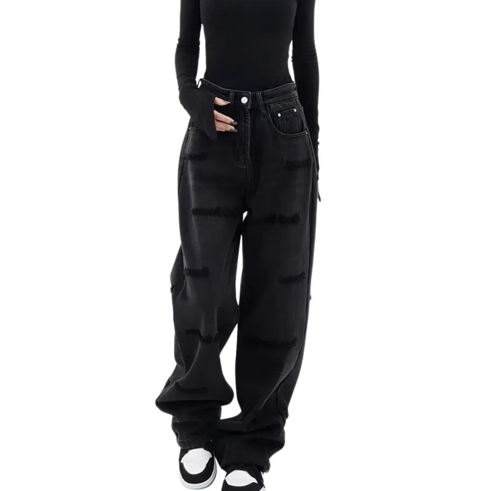 Women's Black Flocked Jeans