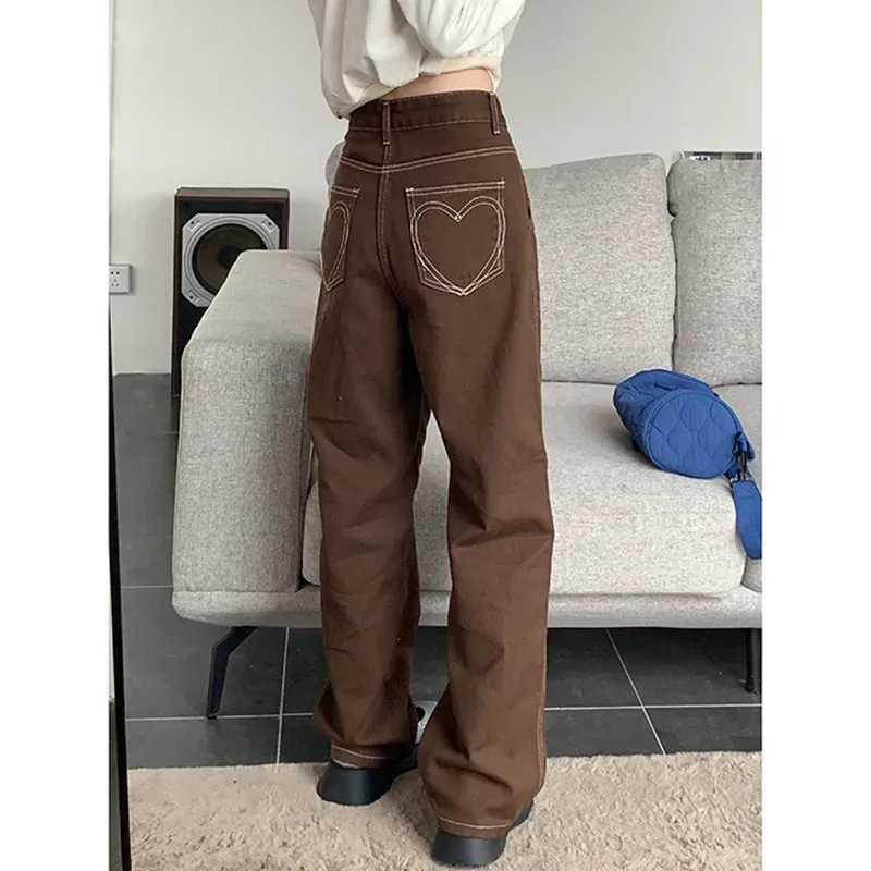 Women's Brown Jeans High Waist Vintage Straight Baggy Denim Pants Streetwear Heart Pocket Pattern Design Wide Leg Denim Trousers