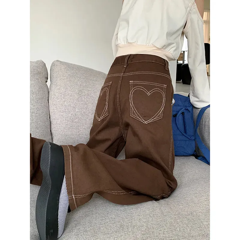Women's Brown Jeans High Waist Vintage Straight Baggy Denim Pants Streetwear Heart Pocket Pattern Design Wide Leg Denim Trousers