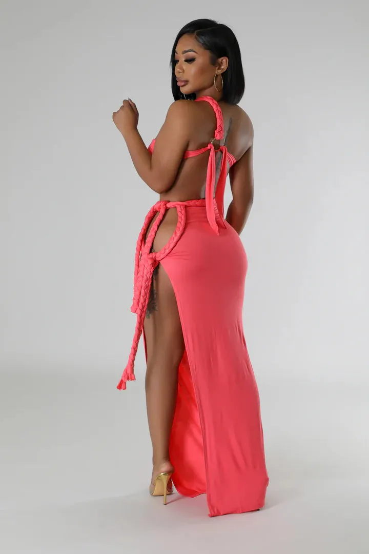Women's Rope Design One shoulder Coral Open back Maxi Dress