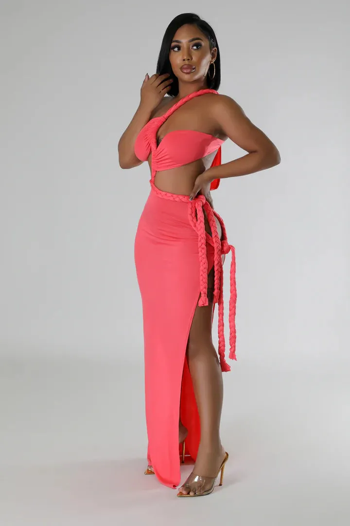 Women's Rope Design One shoulder Coral Open back Maxi Dress