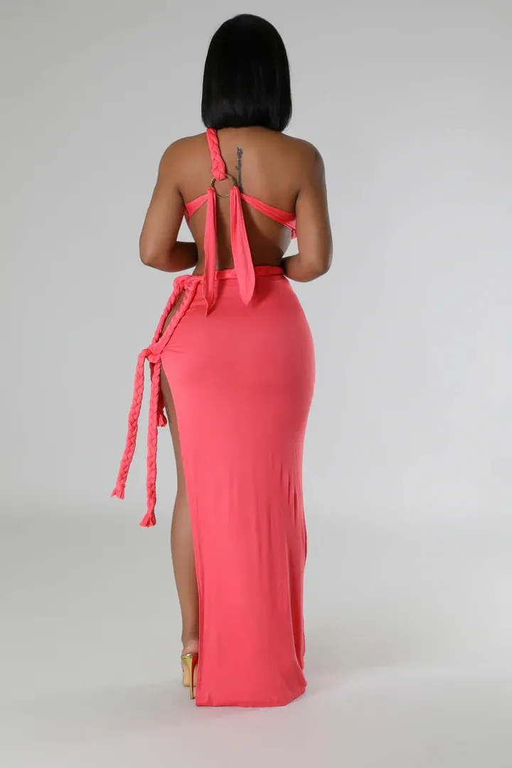 Women's Rope Design One shoulder Coral Open back Maxi Dress